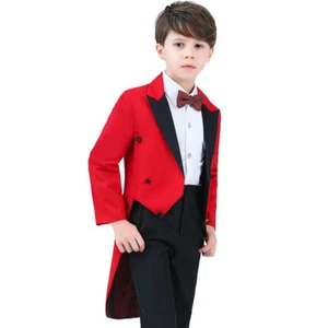 Kids Boy Tuxedo Tail Suit Formal Wedding Tailcoat 4 Piece Set Costume Party Cute - Picture 1 of 8