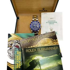Rolex Submariner 16613 Aluminum Holes Case 18k Yellow Gold Blue Dial Watch B&P - Picture 1 of 10