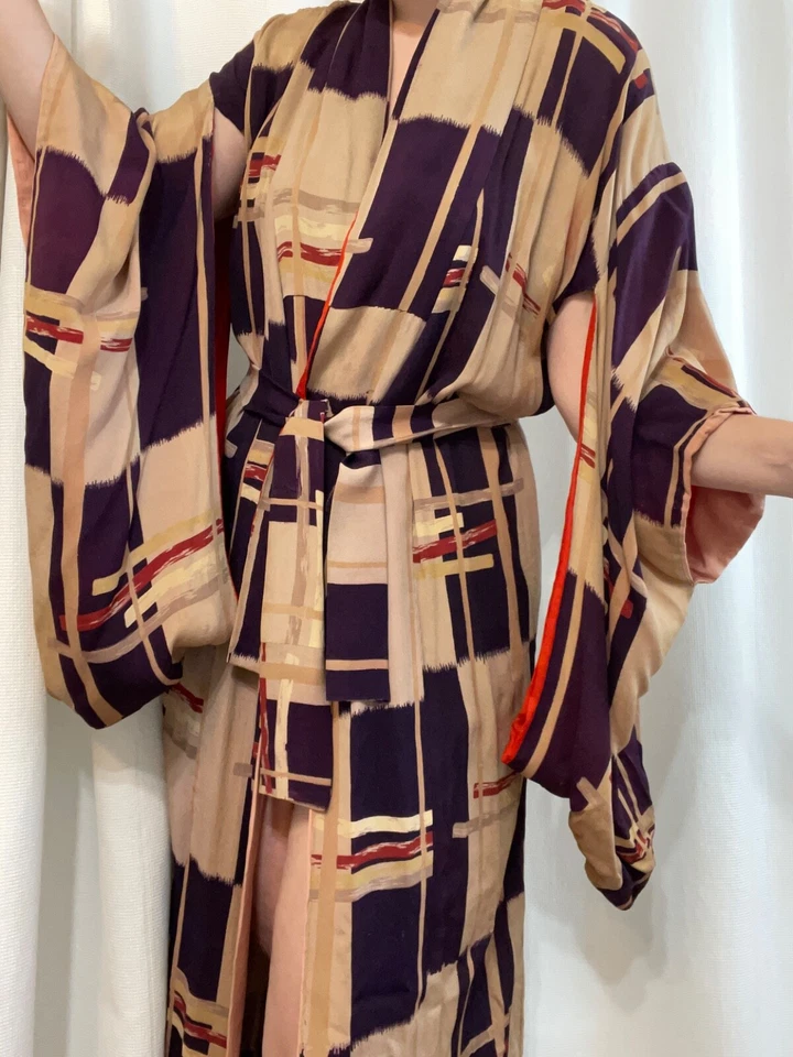 100% Silk Tan, Purple, and Red Pattern Robe with Belt and Bell Sleeves - Image 1 of 4