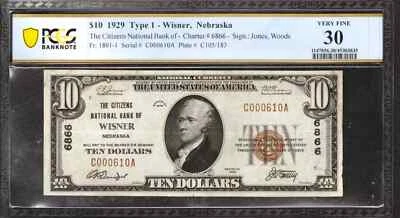 1929 $10 CITIZENS NATIONAL BANKNOTE CURRENCY WISNER NEBRASKA PCGS 30 VF (610A) - Image 1 of 2