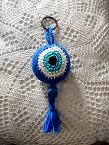 Traditional Greek Keychain Handmade Knitting ''Lucky Eye'' Blue Needlework - Picture 1 of 9