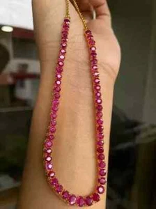 8Ct Oval Cut Lab-Created Ruby Women's Tennis Necklace 14K Yellow Gold Plated 18" - Picture 1 of 3
