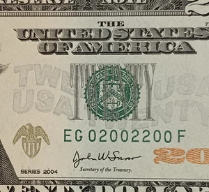 EG02002200F $20 Binary Repeater 2s 0s Fancy Serial Number Twenty Dollar Bill... - Picture 1 of 3