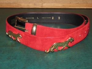 RED SUEDE GOLD CHEETAH COUGAR LARGE BELT 32-36" DONNA KATZ VINTAGE 80s - Picture 1 of 3