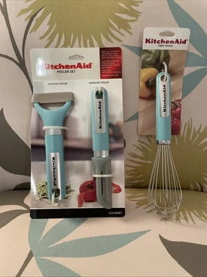 3 NEW Kitchenaid Kitchen Aqua Sky Utensils Julienne & Serrated Peelers, Whisk - Image 1 of 2