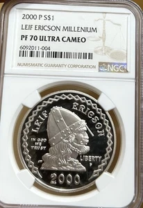 2000 Leif Ericson Commemorative Silver Dollar NGC PF70 - Perfect $1 Coin! - Picture 1 of 2