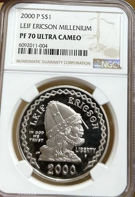 2000 Leif Ericson Commemorative Silver Dollar NGC PF70 - Perfect $1 Coin! - Image 1 of 2