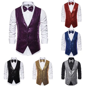 Classy V Neck Royal Blue Sequin Dress Vest for Men Slim Fit Glitter Waistcoat - Picture 1 of 13