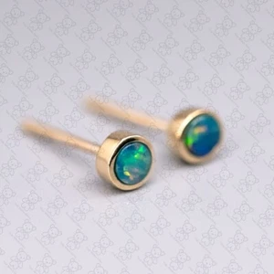 Small Minimalist Round Australian Doublet Opal Stud Earrings 14k Yellow Gold - Picture 1 of 4