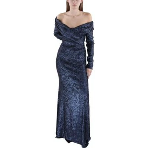 Donna Karan Womens Navy Sequined Off-The-Shoulder Evening Dress Gown 2 BHFO 0282 - Picture 1 of 3