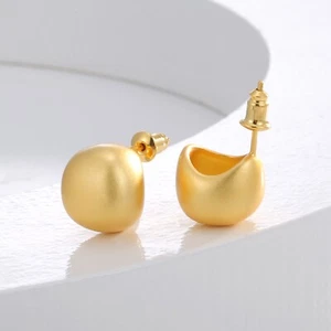 Fashion C Shape Stud Hoop Women Earrings 14k Gold Plated Over Silver - Picture 1 of 3