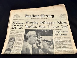 MARILYN MONROE FUNERAL "JOE DIMAGGIO WEEPS" - SAN JOSE MERCURY NEWS AUG 9, 1962 - Picture 1 of 11