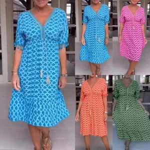 UK Women Fringed Short Sleeves Long Dress V Neck Holiday Print Dresses PLUS SIZE - Picture 1 of 11