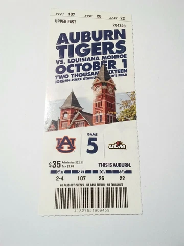 2016 Auburn Tigers Louisiana Monroe Football Ticket Stub Cover