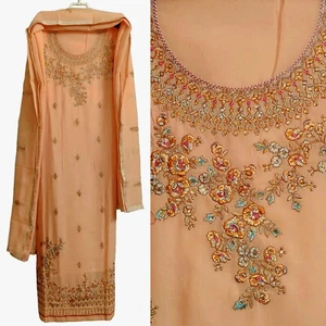 DEEP BEIGE GRGT INDIAN PAKISTANI SALWAR KAMEEZ SUIT MATERIAL HVY EMBR LADIES DEN - Picture 1 of 5
