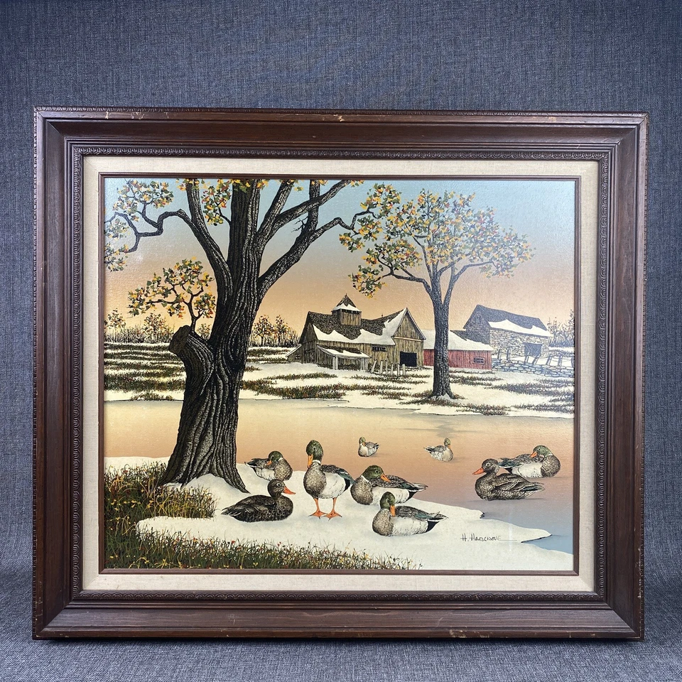 H. HARGROVE Original Oil Painting on Canvas Ducks Pond signed 30"x 26.5" framed - Image 1 of 4