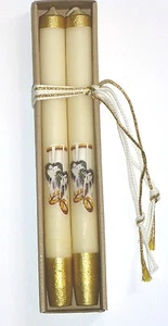  Hand Gilt & Cream 10" L. Pair Of Tapers w/Wedding Rings & Hearts Motif, Germany - Picture 1 of 4