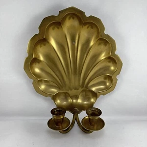 Applique da parete vintage in ottone massiccio conchiglia doppio portacandele alto 11" pesante - Foto 1 di 10