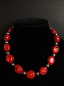 Vintage Sterling Silver Natural Red Coral Statement Necklace 19 Inches - Picture 1 of 12