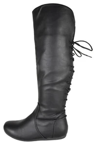 Top Moda Women Knee High Boots Back Lace Flat Heel Zipper Round Toe BANK37 Black - Picture 1 of 6