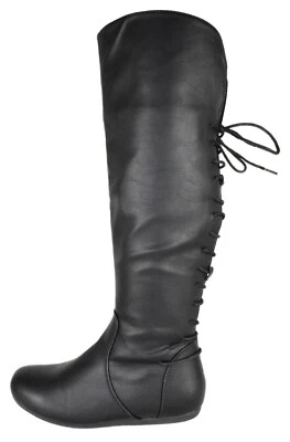 Top Moda Women Knee High Boots Back Lace Flat Heel Zipper Round Toe BANK37 Black - Image 1 of 4