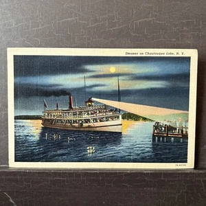 Moonlight Passenger Steamer on Chautauqua Lake NY Linen Postcard 1943 postmark - Picture 1 of 2
