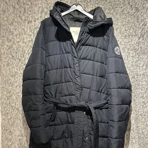 Abercrombie Puffer Jacket Womens UK L Navy Long Padded Hooded Long Winter Coat - Picture 1 of 9