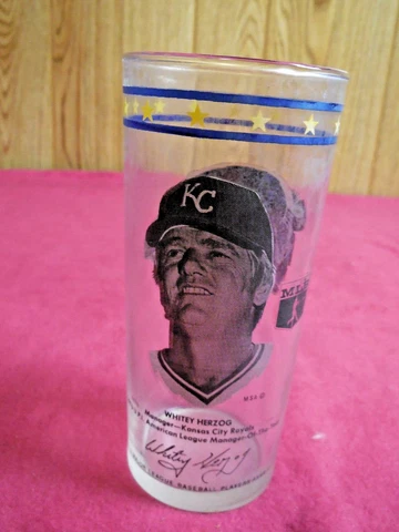 Z9 Vtg Baseball 1977 MLB Kansas City Royals WHITEY HERZOG Tall Bar Glass 6.5" Cover