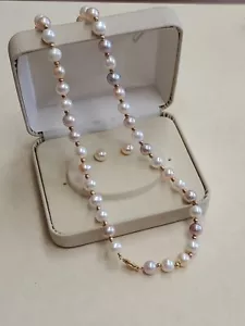 14K Yellow Gold Pink/Cream/Irridescent 7.5mm PEARL Necklace & Earrings SET - Picture 1 of 8