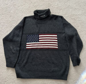 Vintage POLO RALPH LAUREN American Flag Gray Knit Sweater Made USA, Size XL