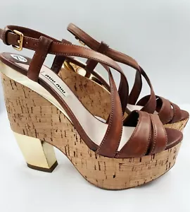 Zapatos MIU MIU Entrecruzados Cuero Marrón Corcho Cuña Plataformas Tacón Dorado 37.5 7.5 - Imagen 1 de 8
