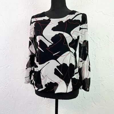 Vintage Y2K Black And White Floral Meah Bell Sleeve Top Whimsigoth Size Medium - Image 1 of 4