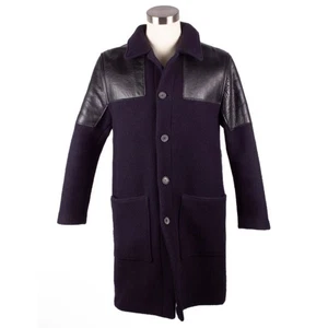 ACNE STUDIOS A/W 2015 MADS DARK NAY BLACK WOOL LEATHER PANEL HEAVY COAT size 52 - Picture 1 of 11