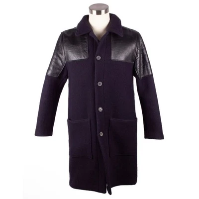 ACNE STUDIOS A/W 2015 MADS DARK NAY BLACK WOOL LEATHER PANEL HEAVY COAT size 52 - Image 1 of 4