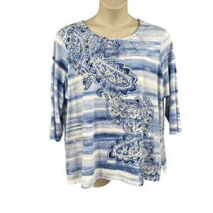 Alfred Dunner Womens Pullover Top Size 3X Blue White 3/4 Sleeve Round Neck - Picture 1 of 12