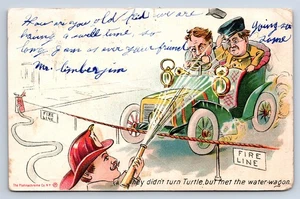 Vintage Postcard Fireman Spraying Car From Water Wagon Hydrant Fire Line V6 - Picture 1 of 2