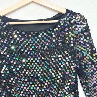 Top Vintage Años 80 Lillie Rubí Negro Lentejuelas Talla S Disco Fiesta Glam Rock Manga Larga Foto 1 de 4