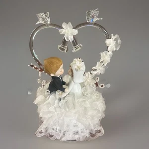 Vintage Wedding Cake Topper Blown Glass Heart Doves Bells - Picture 1 of 6