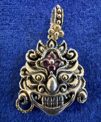 Vintage BARBARA BIXBY Sterling & 18K Gold Rhodolite Garnet Bali Mask Pendant - Image 1 of 4