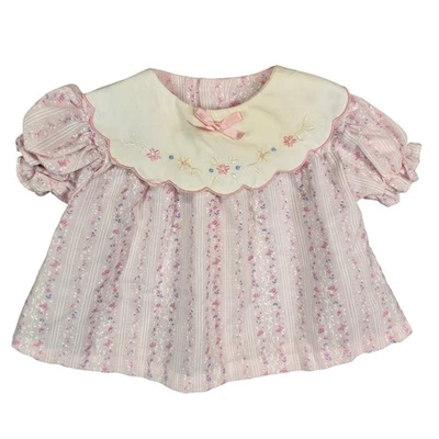 Vintage Mayfair Baby Dress Newborn Pink Floral Embroidered Collar Puff Sleeve - Image 1 of 4
