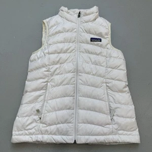 Patagonia Vest Girls Small Solid White Duck Down Puffer Full Zip Logo FLAWS - Picture 1 of 13