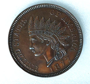 1877 Indian Head - One Cent Penny Coin - 3" Copper Tone Metal Medallion Coaster - Picture 1 of 3