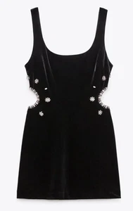 ZARA Womens Black Soft Velvet Rhinestone Side Cut Mini Dress NEW Size Medium - Picture 1 of 10