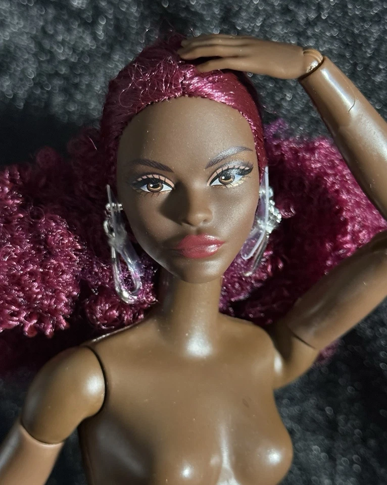 Tall African American Mattel-Maroon Curly Hair articulated Barbie Doll-Nude-I-28 - Image 1 of 3