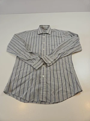 Camisa De Colección Yves Saint Laurent Para Hombres Mediana Gris Azul Rayas Botón Delantero Elegante Foto 1 de 4