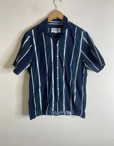 Just Junkie Shirt Medium  Blue Green Striped Logo Casual Camp Collar Open Neck - Picture 1 of 8
