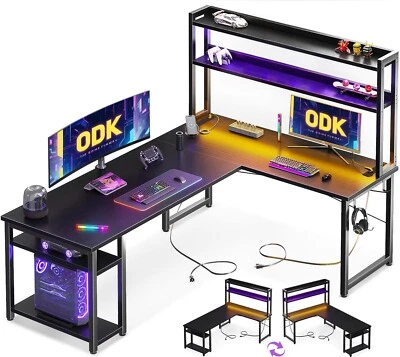 cm L Shaped Gaming Desk with LED Lights & Double Power Outlets, Reversible Corne - Image 1 of 4
