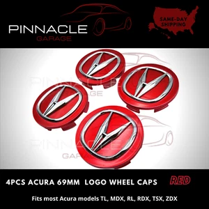 ACURA SET OF 4 Red & Chrome 69MM / 2.71" Wheel Rim Center Hub Caps RL MDX TLX - Picture 1 of 4
