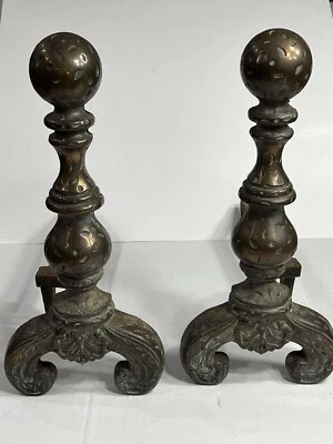 Vintage Antique Pair of Heavy Brass Cannonball Fireplace Andirons 18” Tall - Image 1 of 4