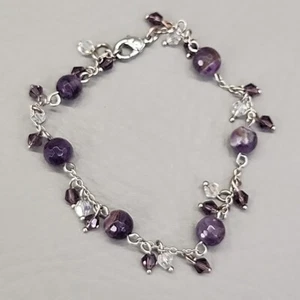 Amethyst Bead Bracelet Purple Silver Tone Dangles Glass Accent Dangles 7.75" - Picture 1 of 11